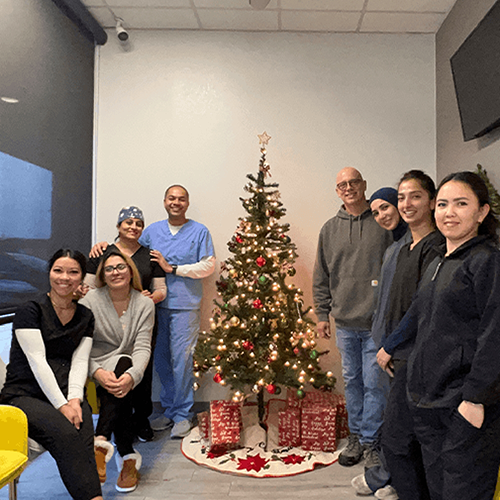 Dental team members around Christmas tree